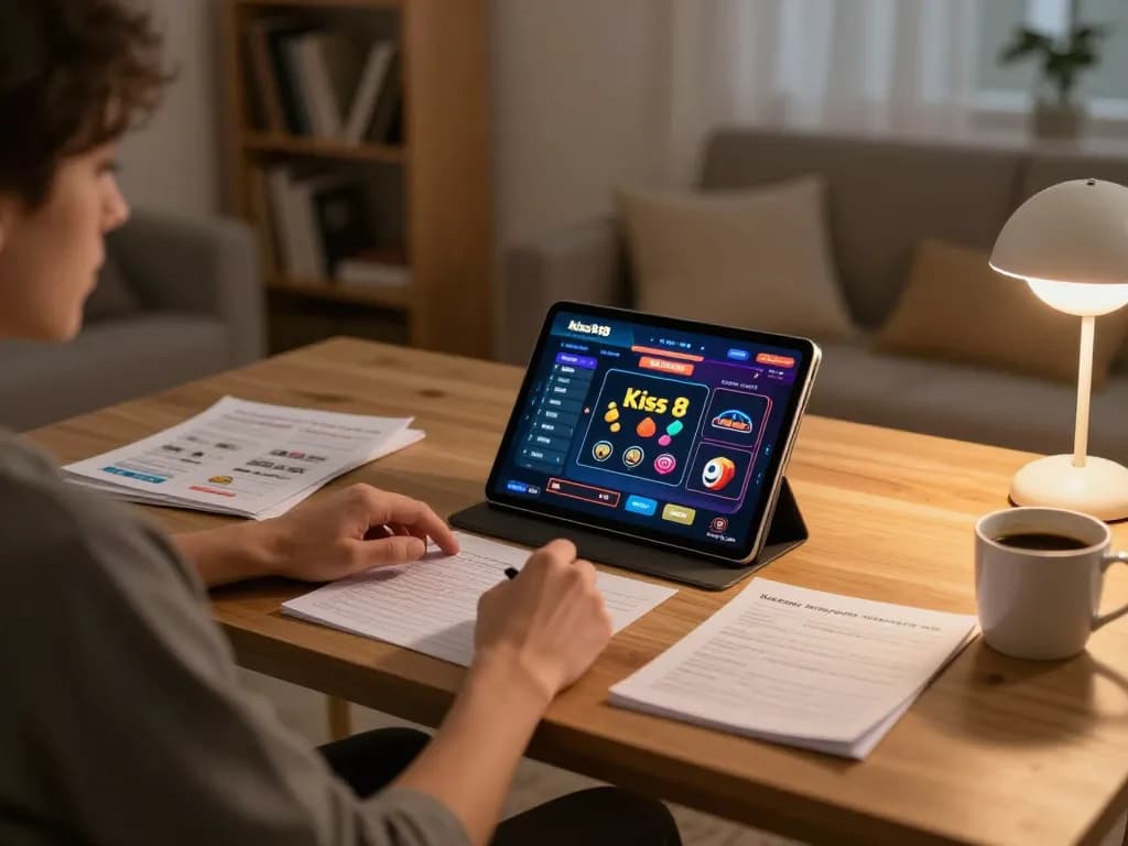 Memainkan kiss918 apk original di tablet semasa sesi permainan di rumah dengan nota strategi