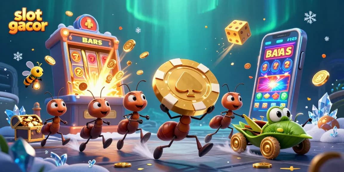 Engage with slot gacor gaming excitement as animated ants carry a massive golden poker chip amidst dazzling casino visuals.