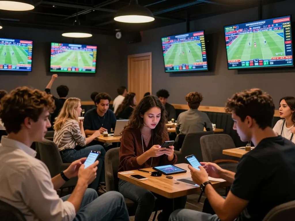 Customers engaging in sports betting at Manclub's modern lounge with live game screens.