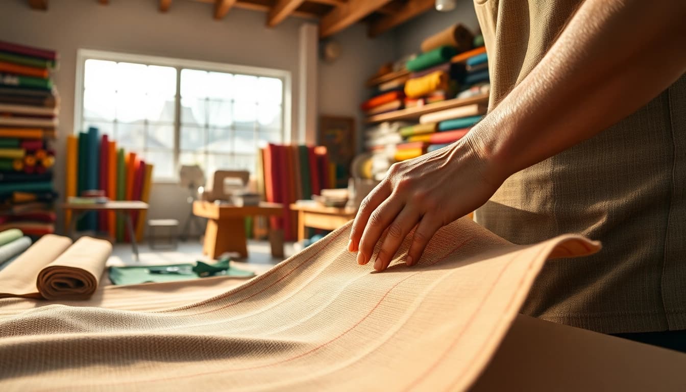 Werk met katoenen canvasstof in een heldere ambachtelijke workshop van een vaardige artisan.