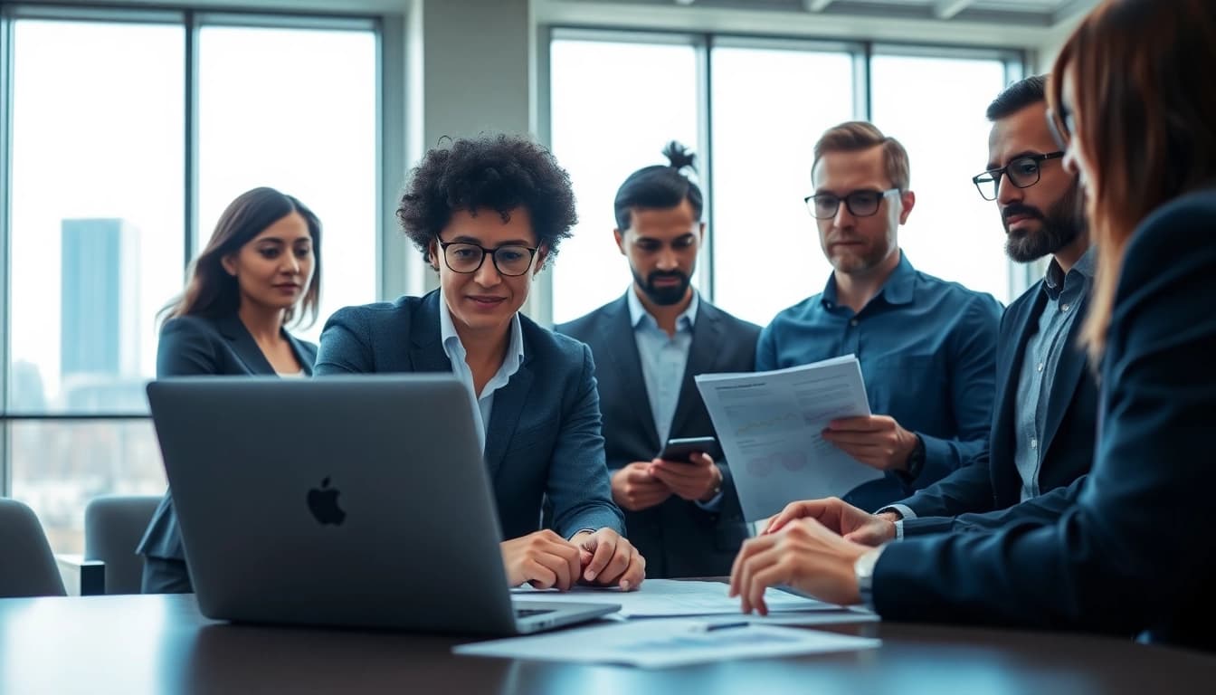 Crisis management consultant analyzing data with a team in a modern office.