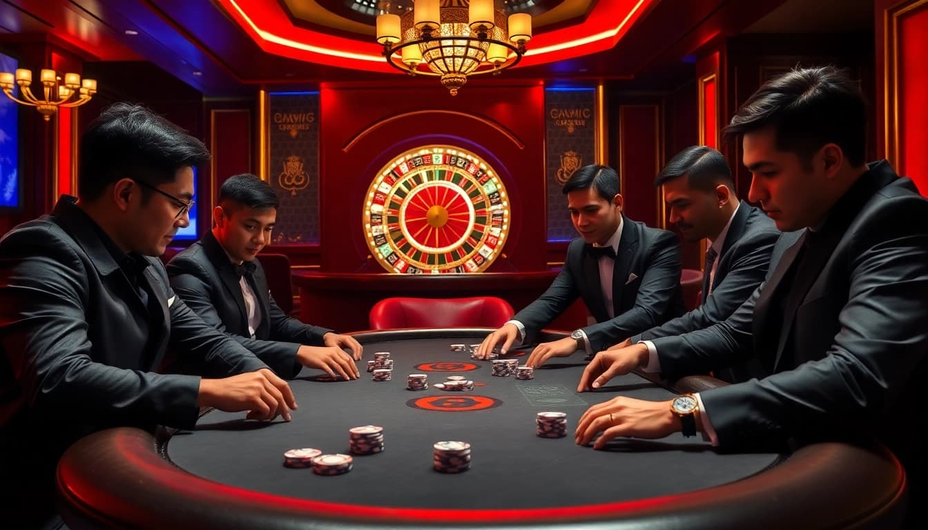 Players strategizing their bets at Hay88 poker table in a luxurious casino setting.