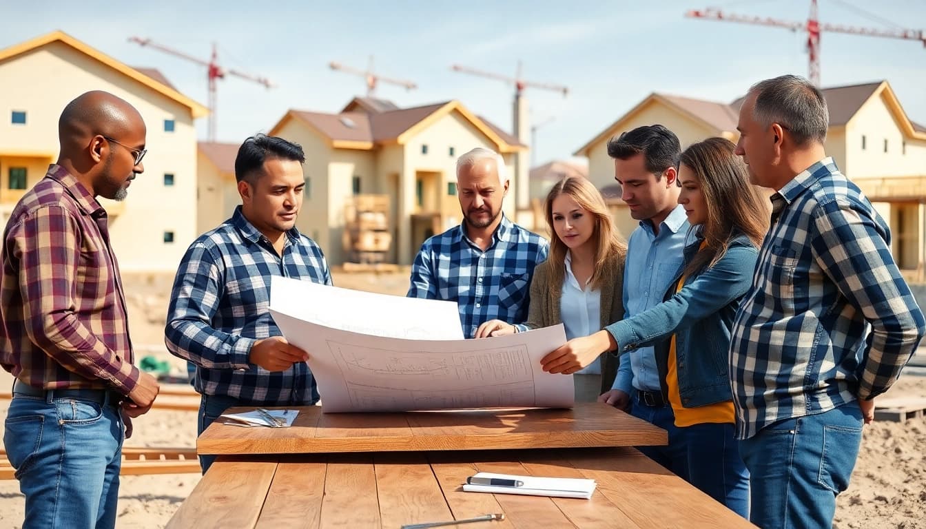 Builders strategizing at a construction site, showcasing the Texas association of builders' teamwork.