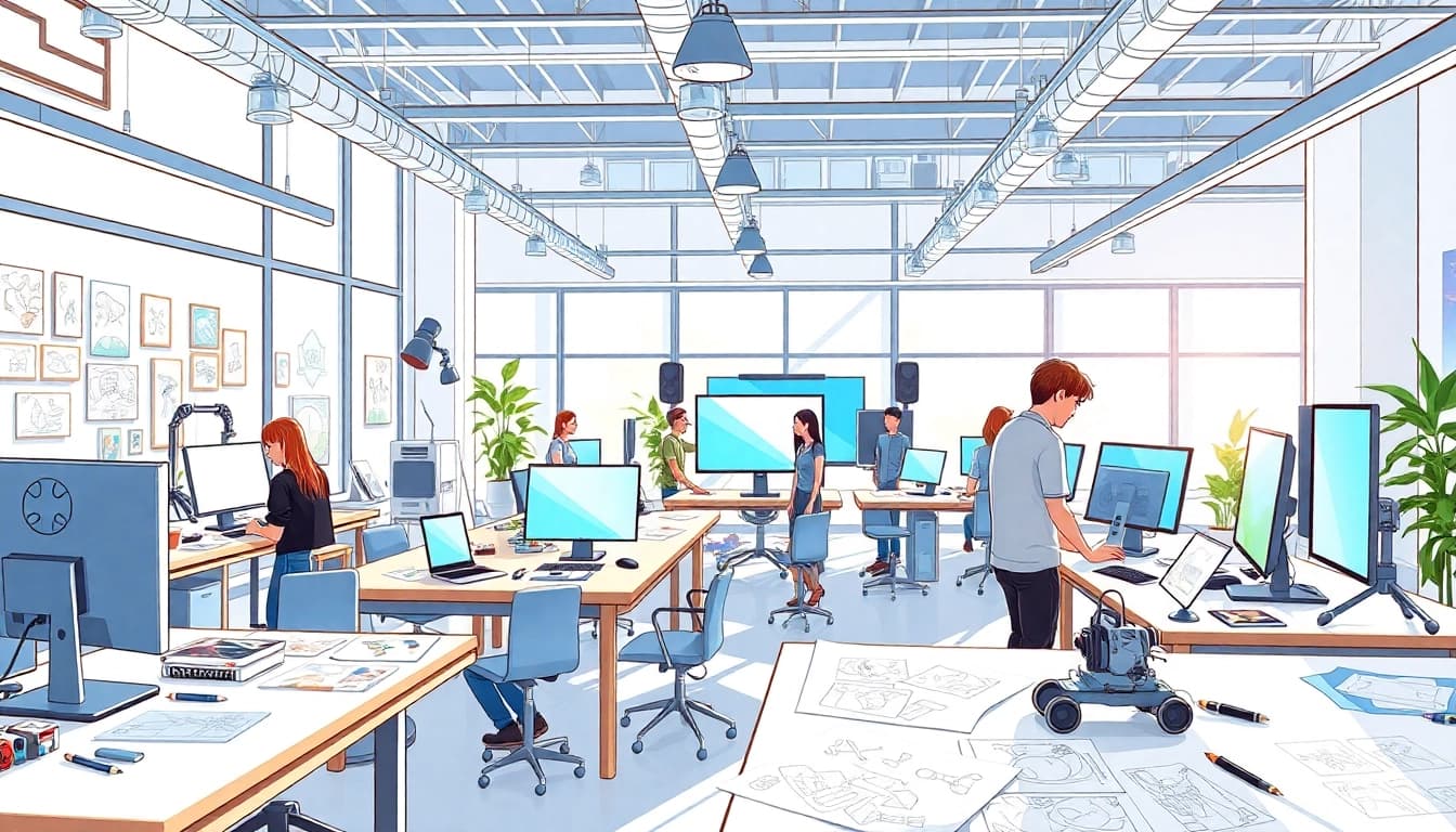 Animationsstudio mit kreativen Künstlern, die zusammenarbeiten und Ideen präsentieren.