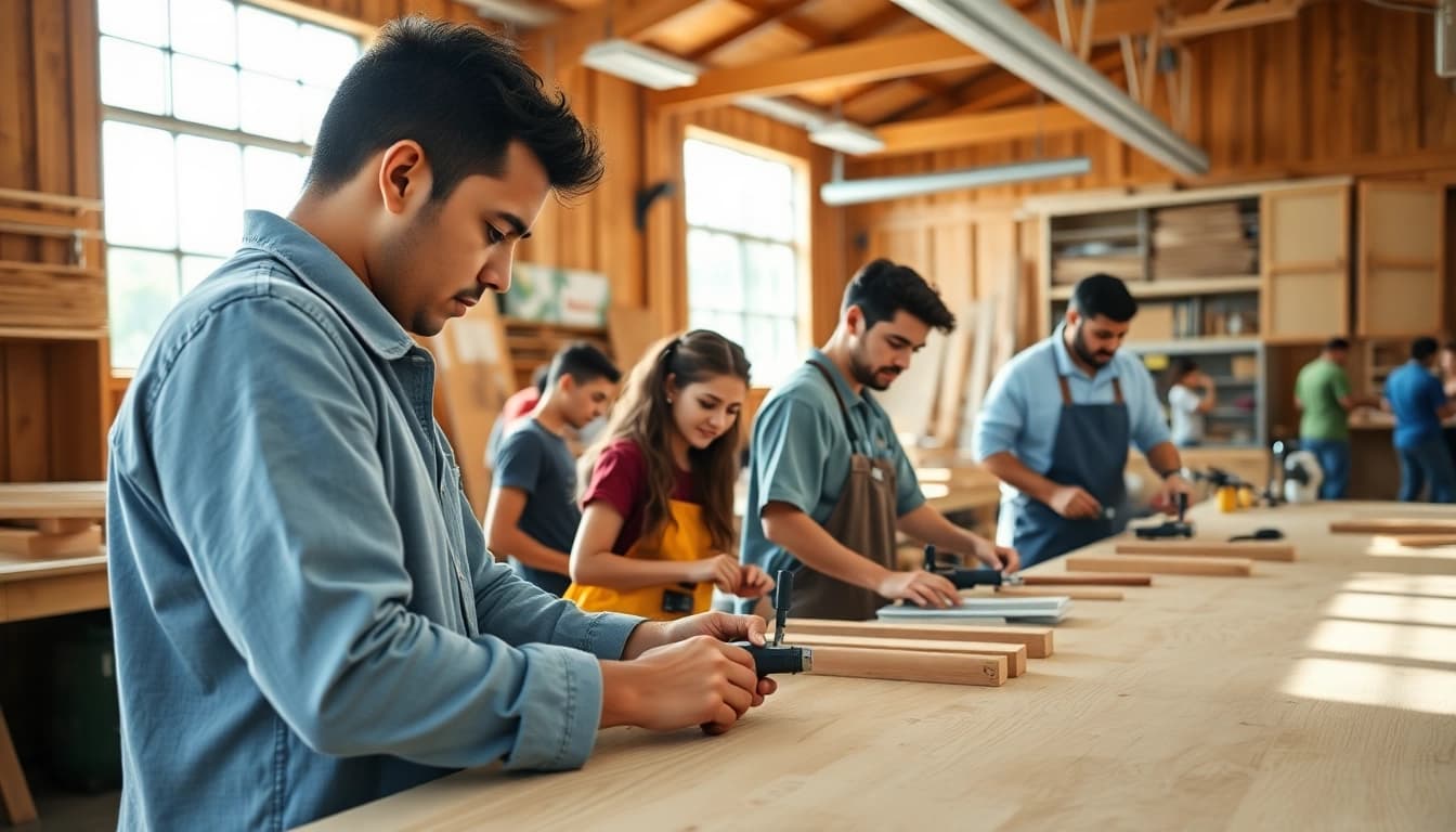 Students practicing skills at hawaii trade schools in a bright, engaging workshop setting.