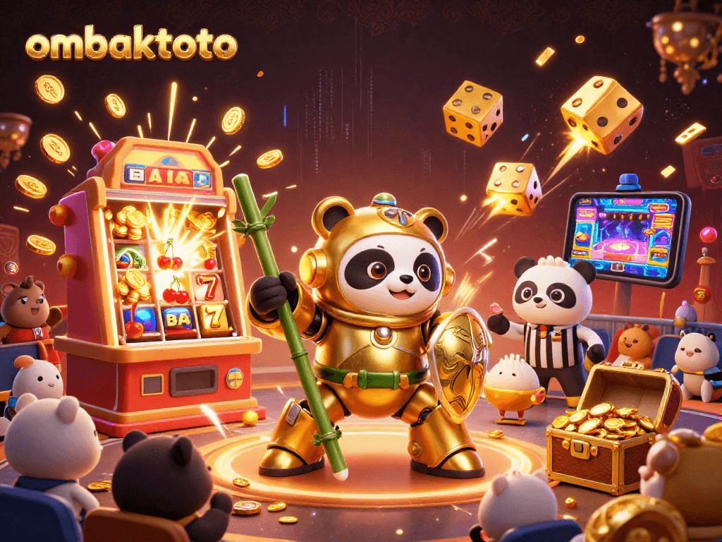 Experience the thrill of ombaktoto with a vibrant casino scene featuring a panda in a mech-suit.