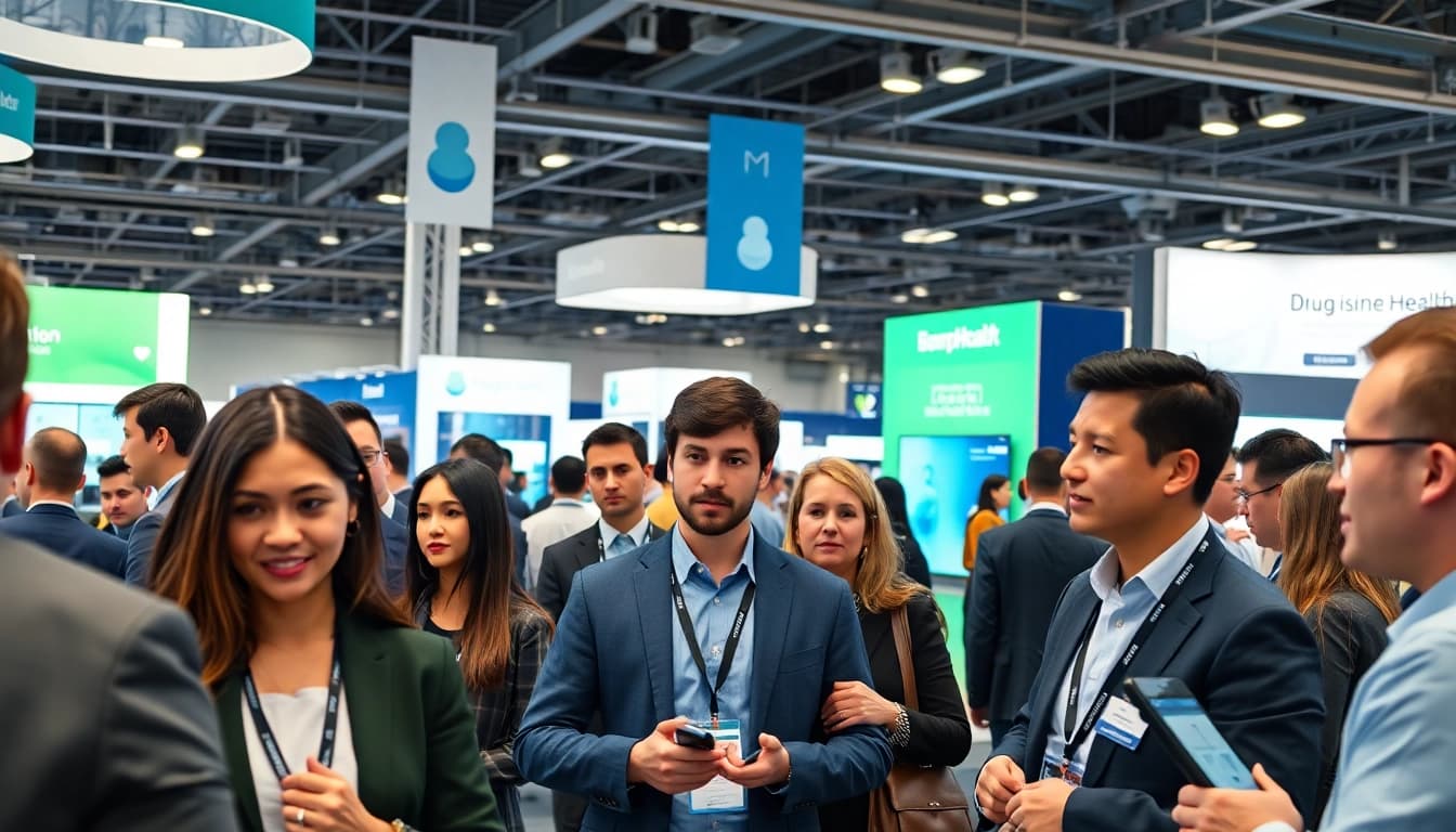 Engaged professionals at the digital health and enterprise technology conference, showcasing interaction and technology.