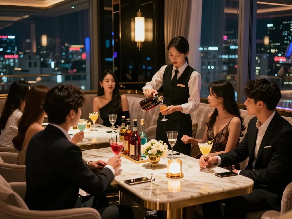 Vibrant nightlife scene at 강남쩜오 featuring guests enjoying drinks and upscale ambiance.