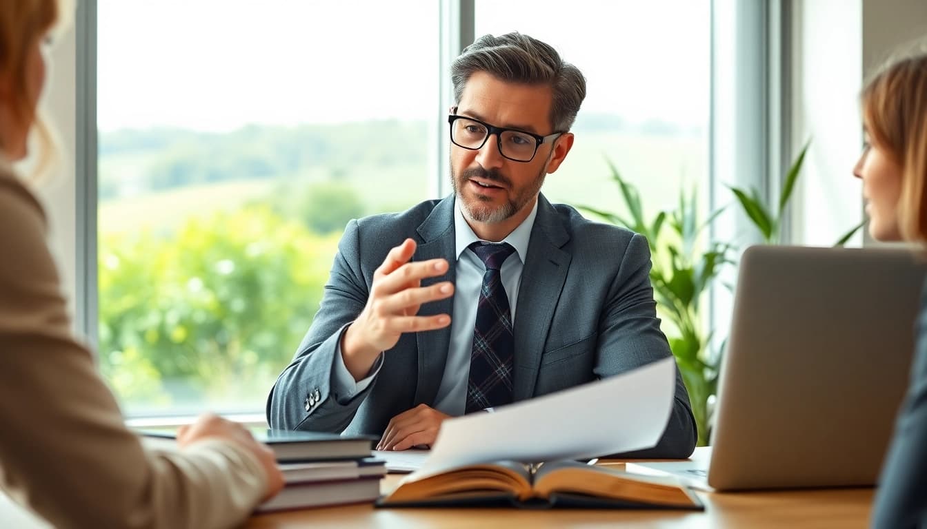 an environmental lawyer advising a client in a modern office setting, emphasizing sustainability