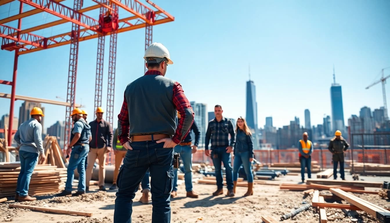 New York General Contractor supervising diverse workers on a professional construction site.