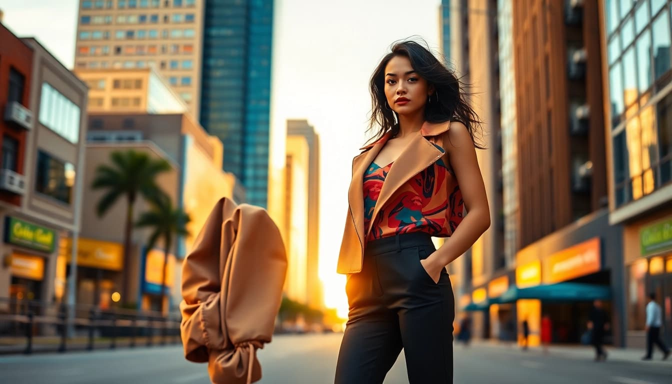 Fashion model showcasing trendy urban style against a vibrant city backdrop.