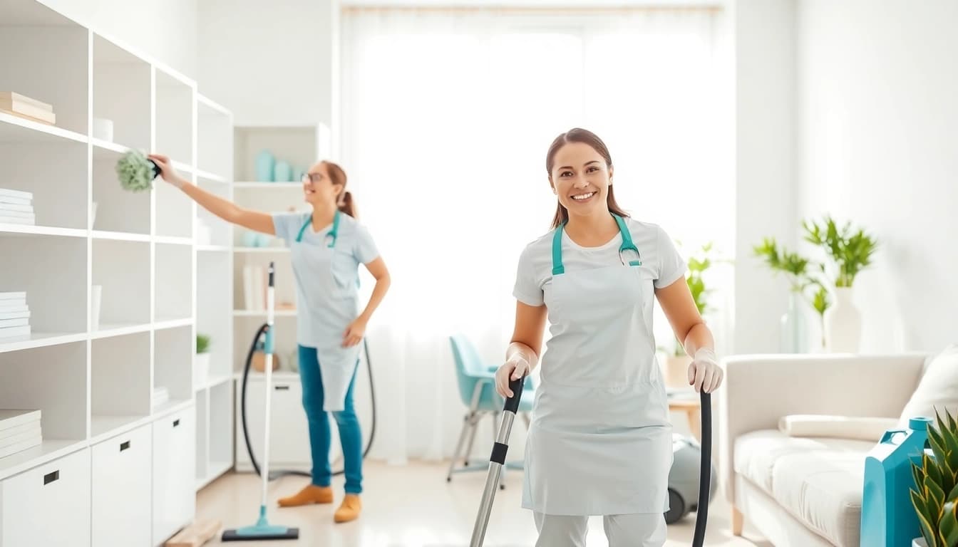 Efficient cleaning service team maintaining a spotless home environment with attention to detail.