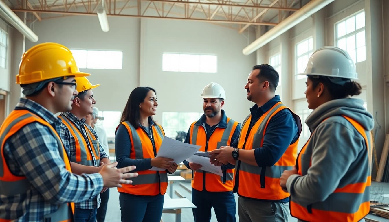Engaged participants in construction training learning essential skills and safety practices.