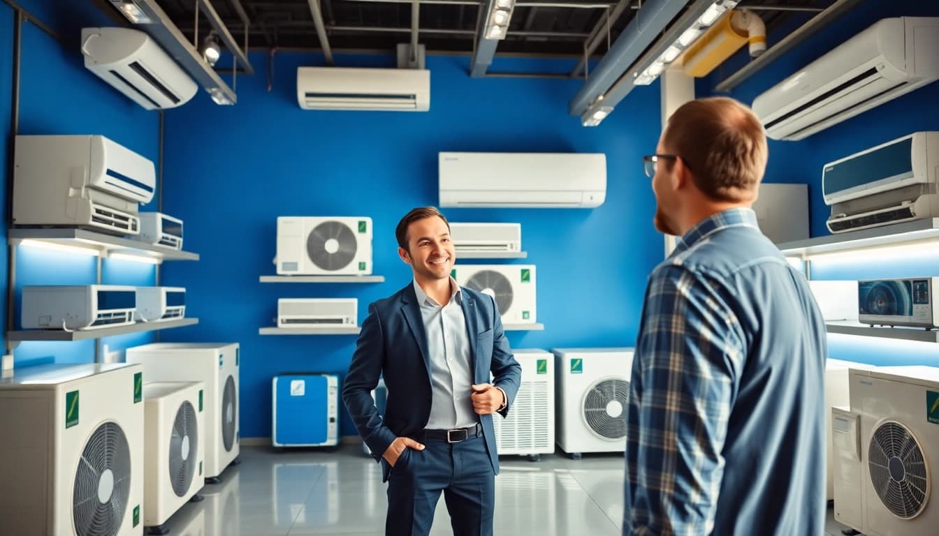 Engage with an american standard hvac dealer showcasing advanced solutions in a modern showroom.