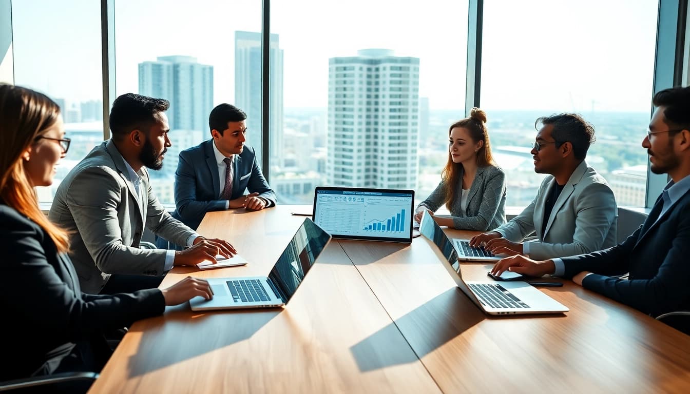Analyze Federal and State contracts with a diverse team in a modern consultation scene.