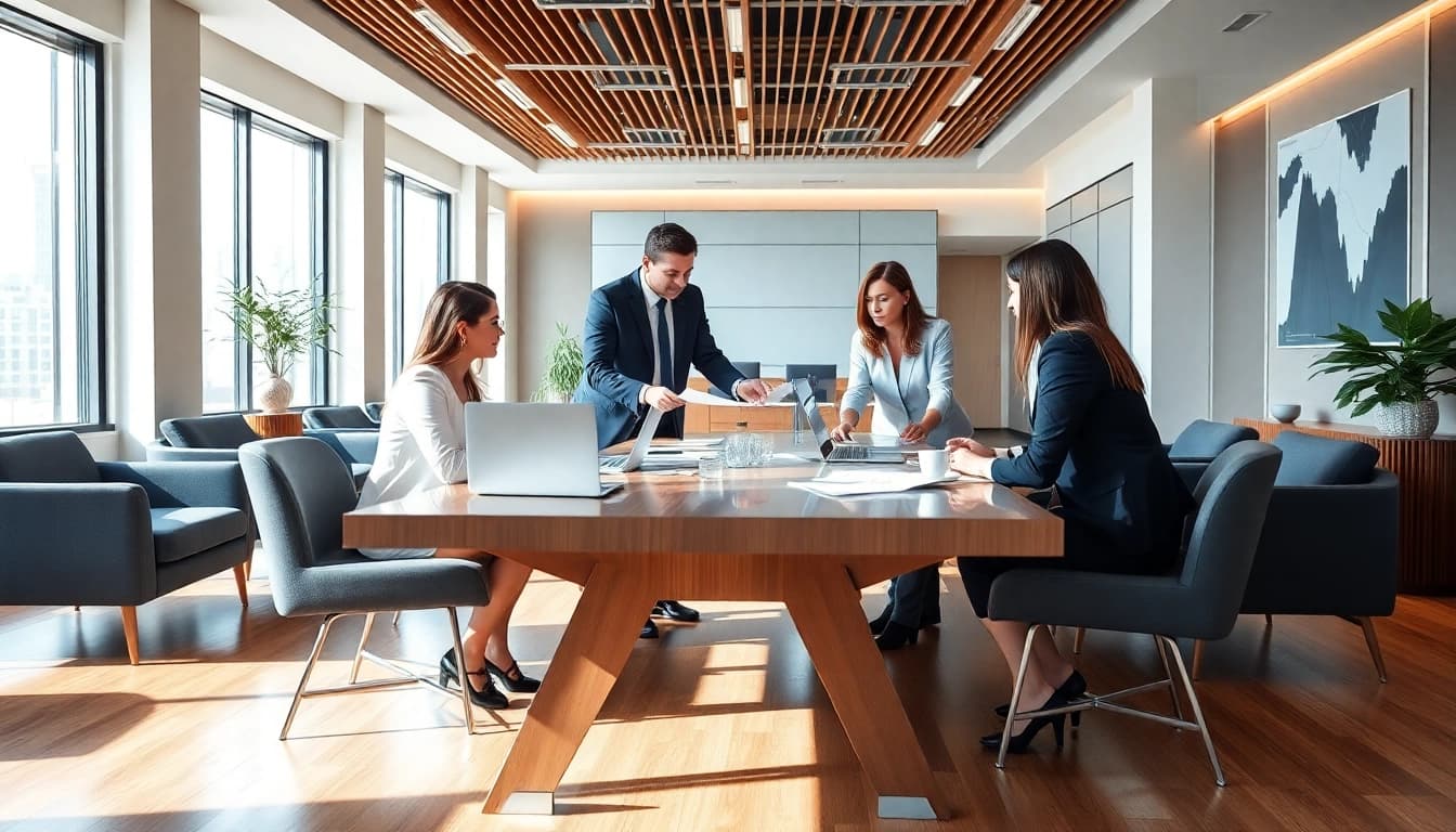 Quickplus Business Consultants collaborating in a modern office setting with bright lighting.