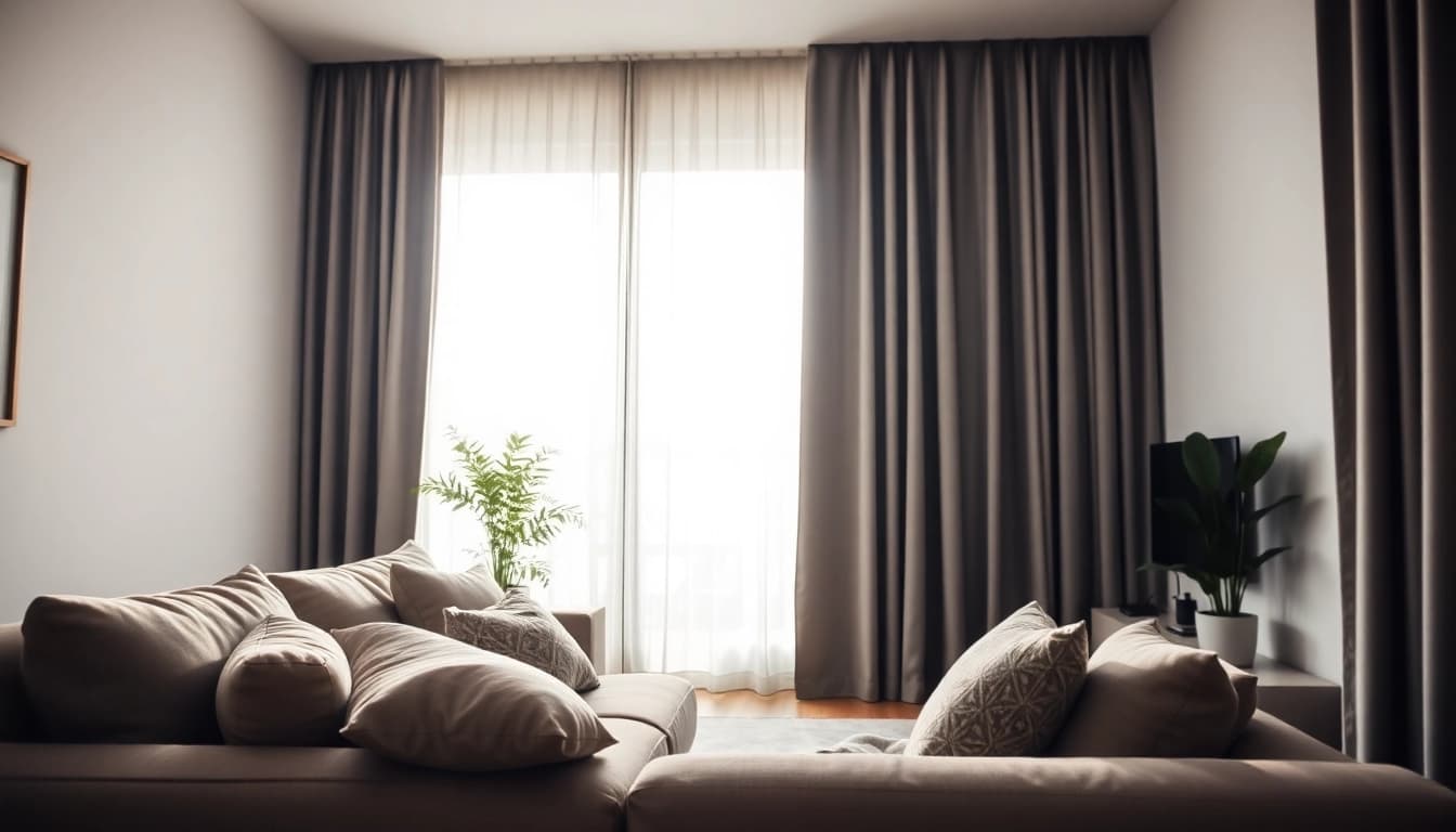 Elegante verduisterende gordijnen in een stijlvolle woonkamer creëren een serene ambiance.
