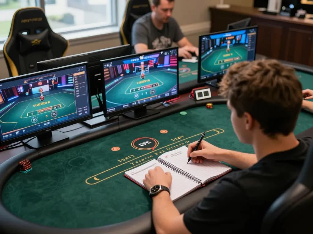 Engaged player on 388bet manages online poker game with strategy notes and multiple screens