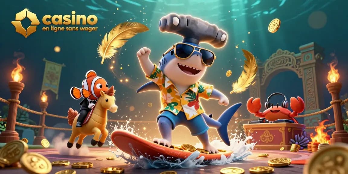 Rejoignez l'excitation des casinos en ligne sans wager alors qu'un requin surfe sur des pièces d'or.