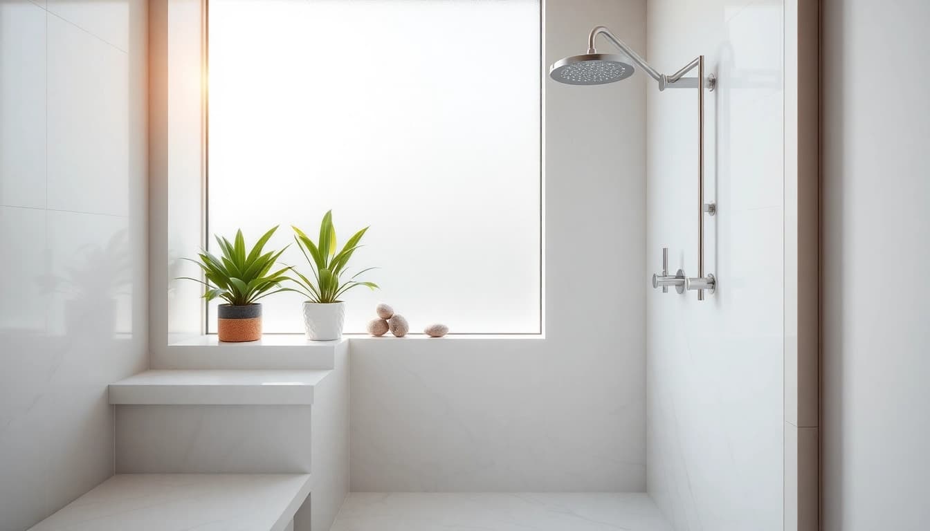 Experience elegant showers Australia with a modern marble setup and warm natural lighting.