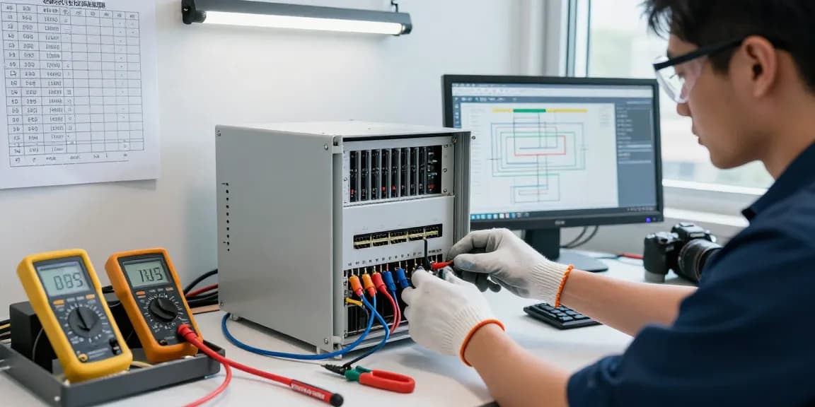 Technician working on C19/C20 connectors in a modern engineering workspace
