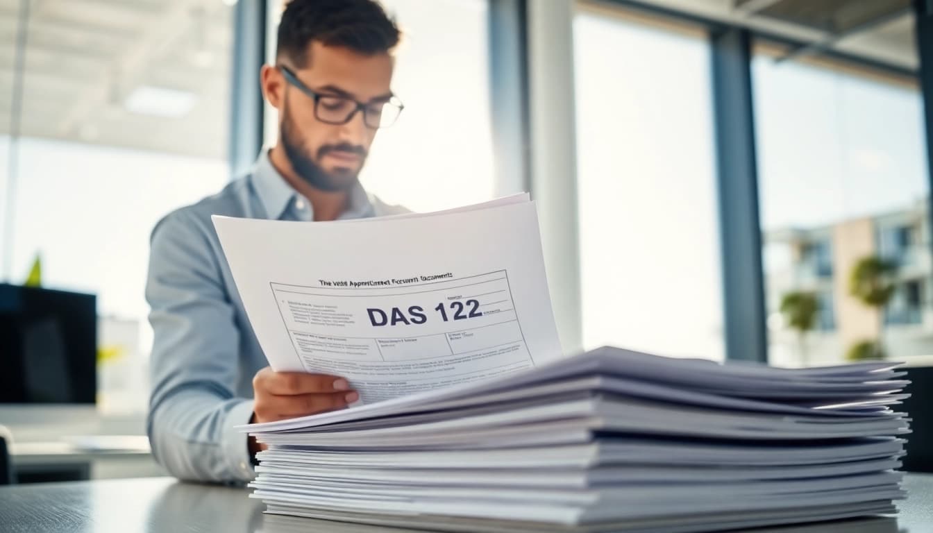 DAS 142 form review by a contractor in a modern setting illustrating professionalism.