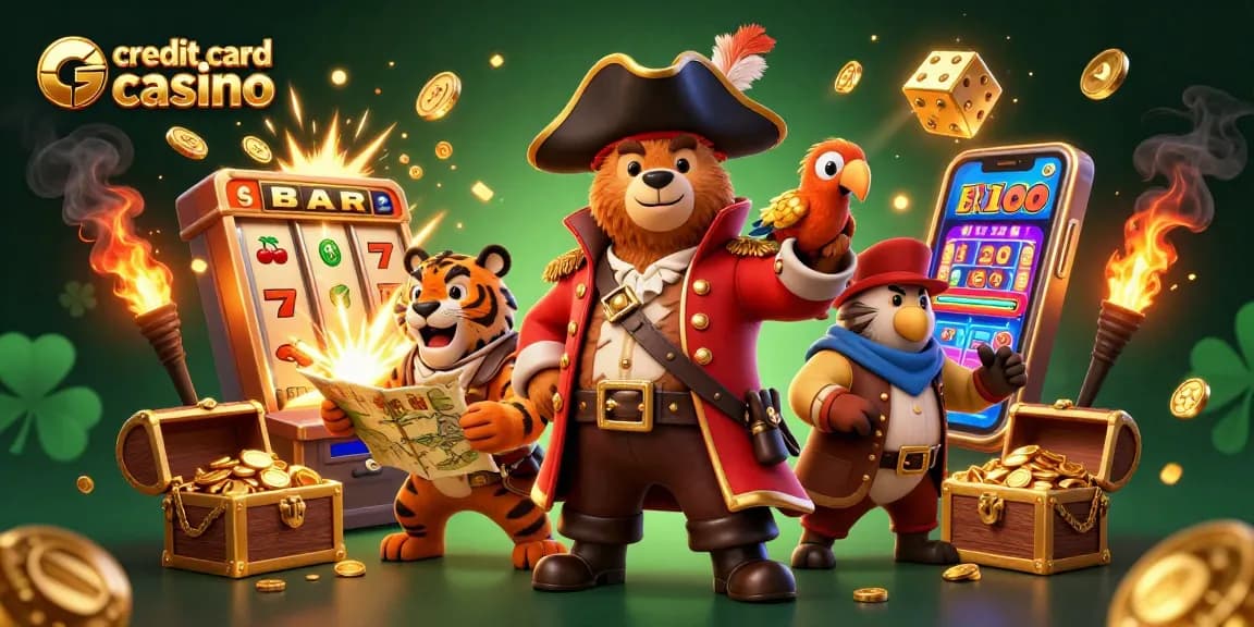 Engaging scene featuring a credit card casino with a bear captain, tiger first mate, and golden treasures.