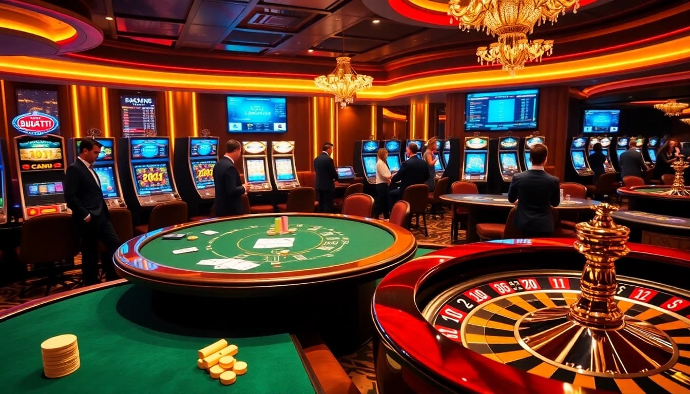 Experience exhilarating gaming at Bugatti8, featuring a luxurious casino atmosphere with vibrant card tables and spinning slot machines.