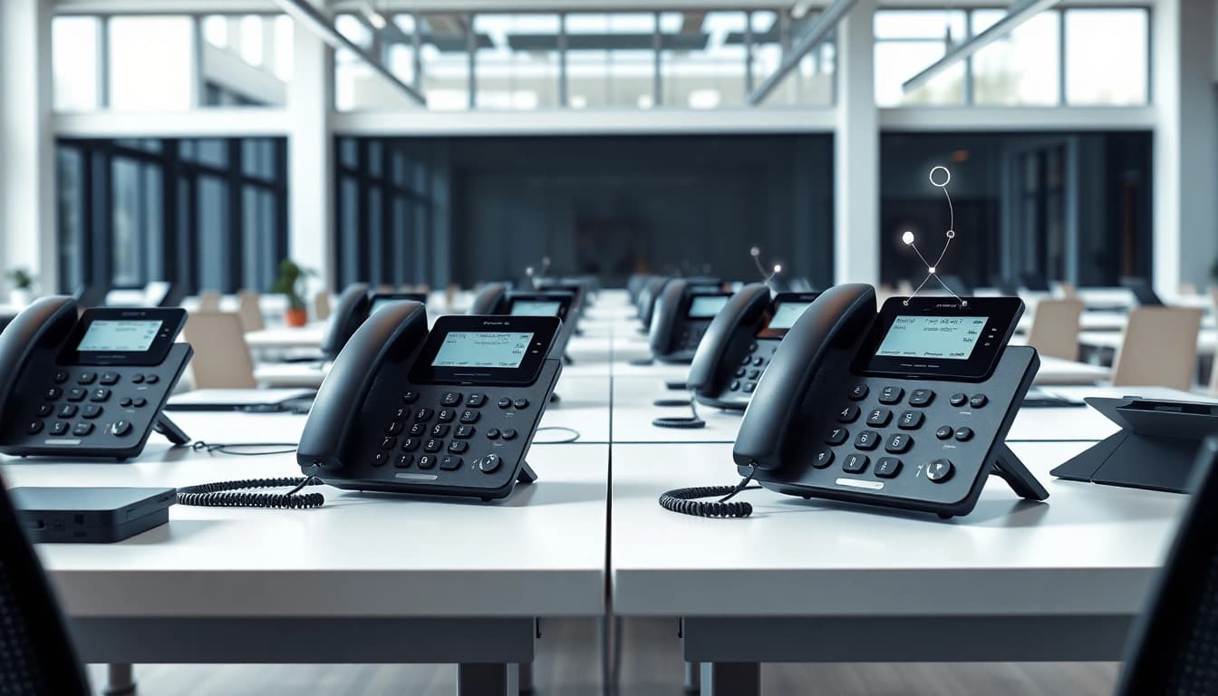 Explore advanced telephone systems in a modern office, featuring sleek devices and bright ambiance.