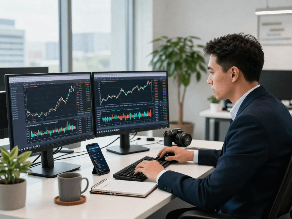 使用MetaTrader 5交易的专业交易员在现代办公室场景中，显示实时外汇图表和市场深度分析的多个监视器。