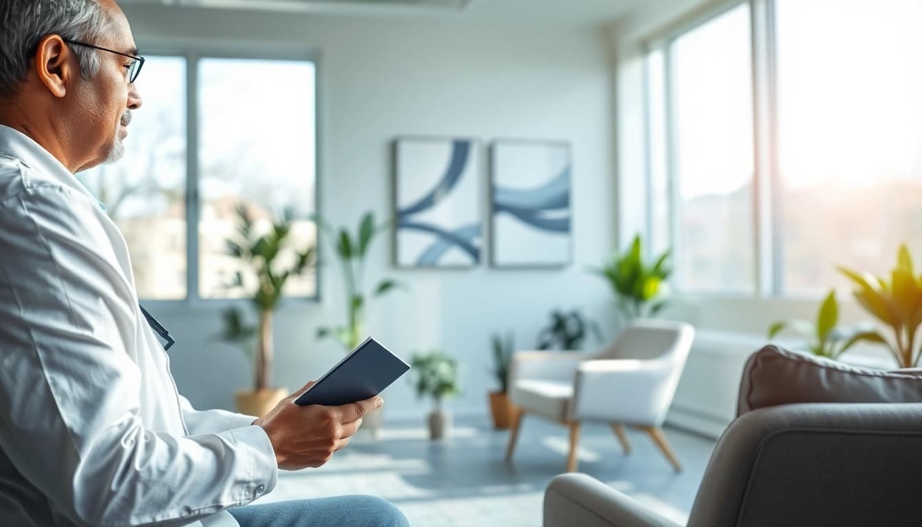 Engaging psychiatrist in Dubai listening to a patient in a serene therapy room.