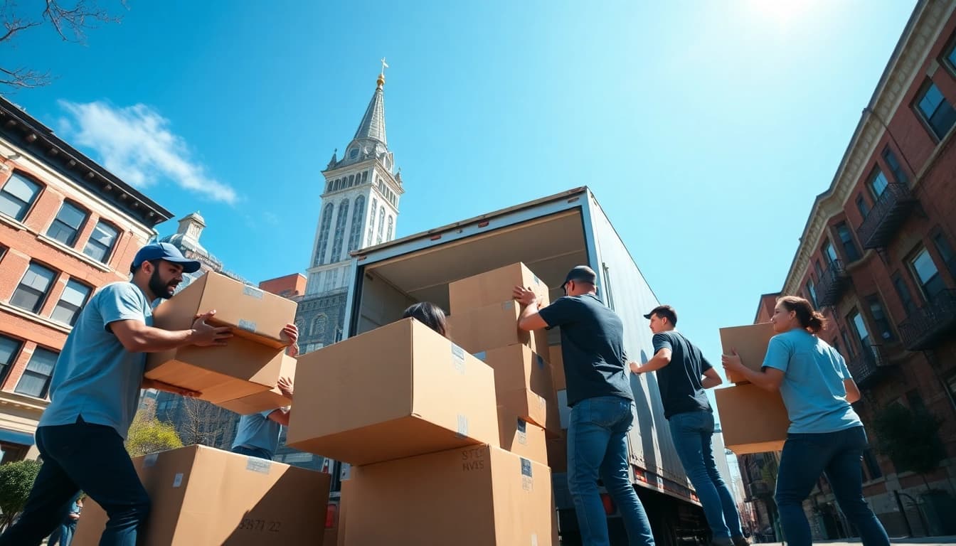 Boston local movers efficiently loading boxes for a smooth relocation in a sunny neighborhood