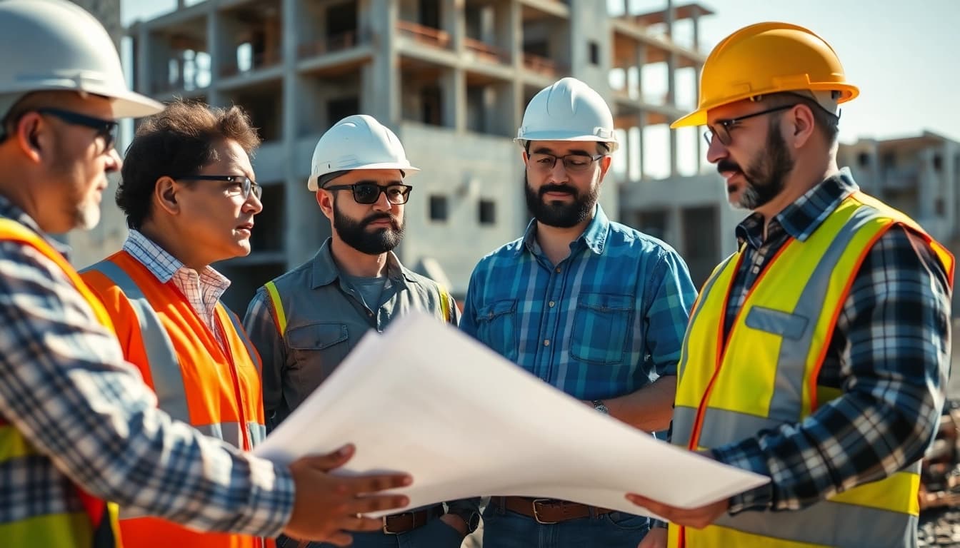 Construction advocacy carolinas professionals coordinating on-site; vibrant atmosphere with blueprints.