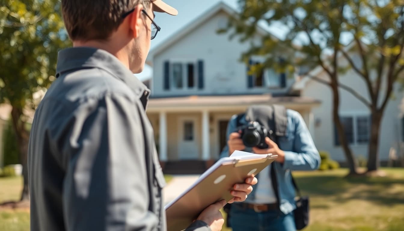 Inspecting Property Insurance Claims process with a professional adjuster assessing damages clearly