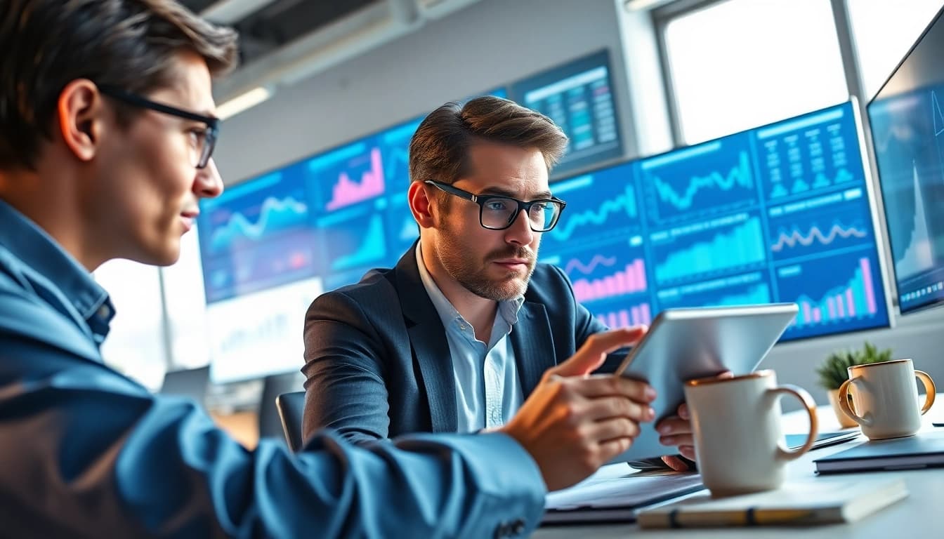 Utilizing AI for competitor analysis with a professional analyzing market data in a modern office.