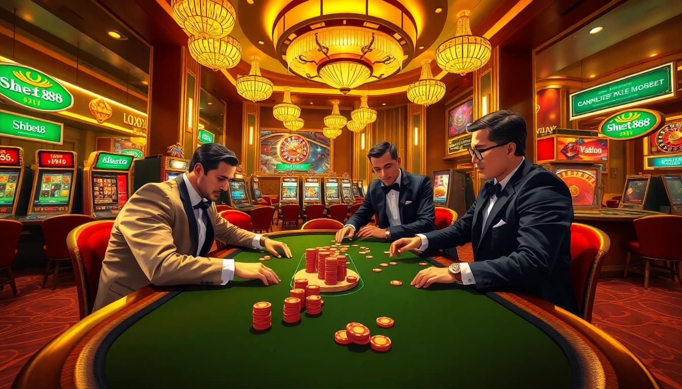 Experience the excitement of shbet88 with a vibrant casino scene featuring poker players and gaming tables.