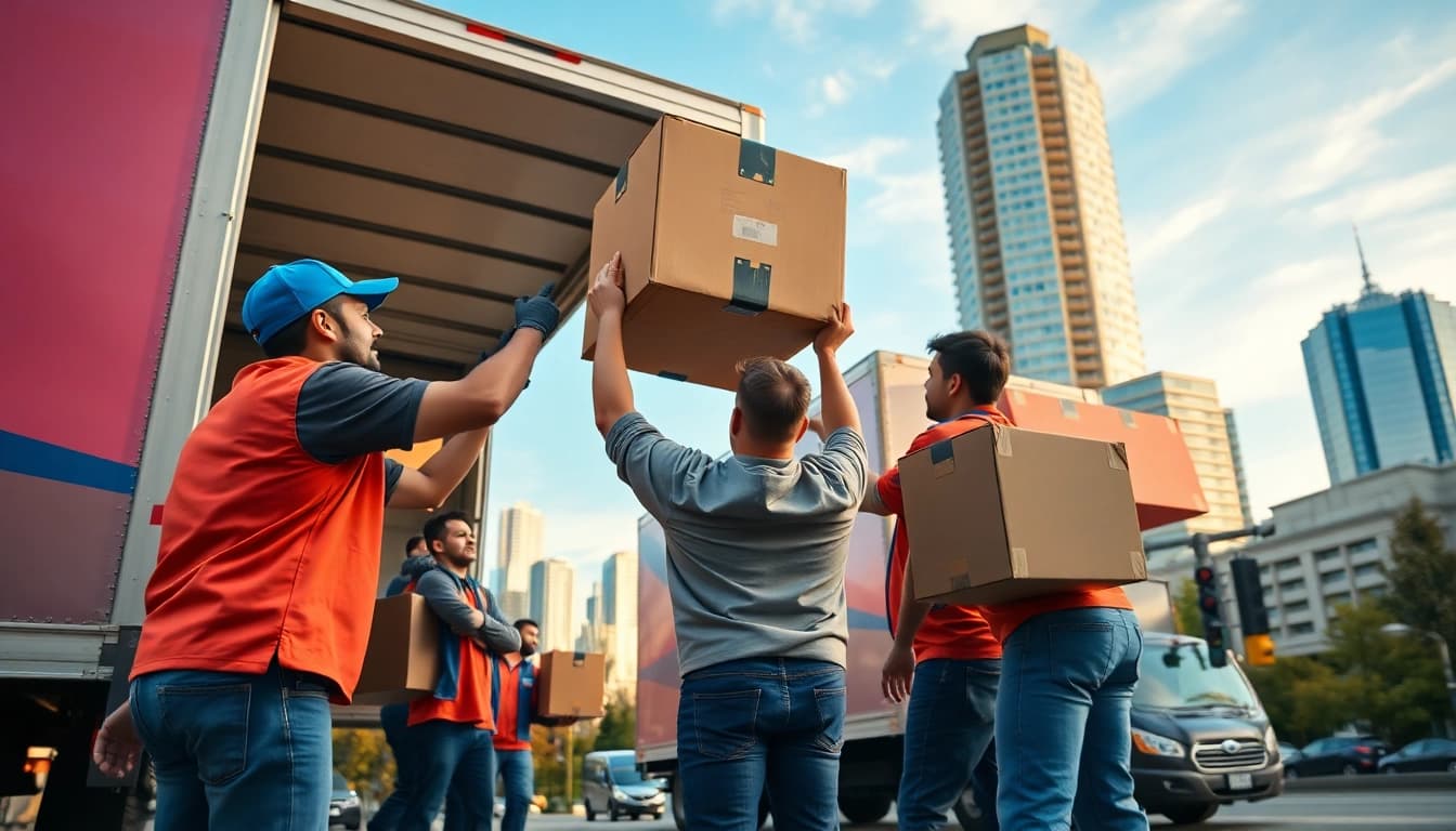 Efficient movers Vancouver team working together to load a moving truck in an urban setting.