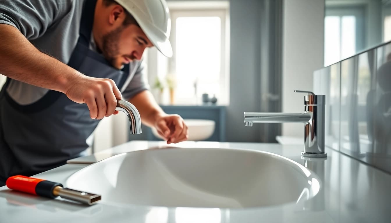 Erfahrener Handwerker von sonni sanitär GmbH installiert eine moderne Spüle in einem stilvollen Bad.