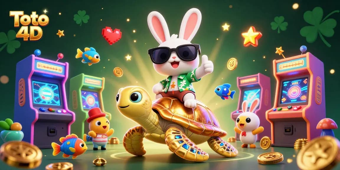 Spin Toto 4D jackpots with lucky rabbit on a golden turtle in a vibrant casino scene.