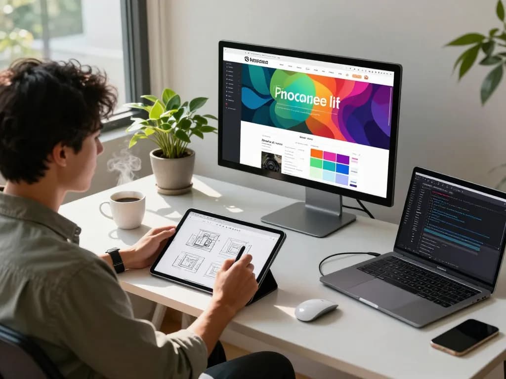freelance web designer Malaysia creating website layouts in a modern workspace