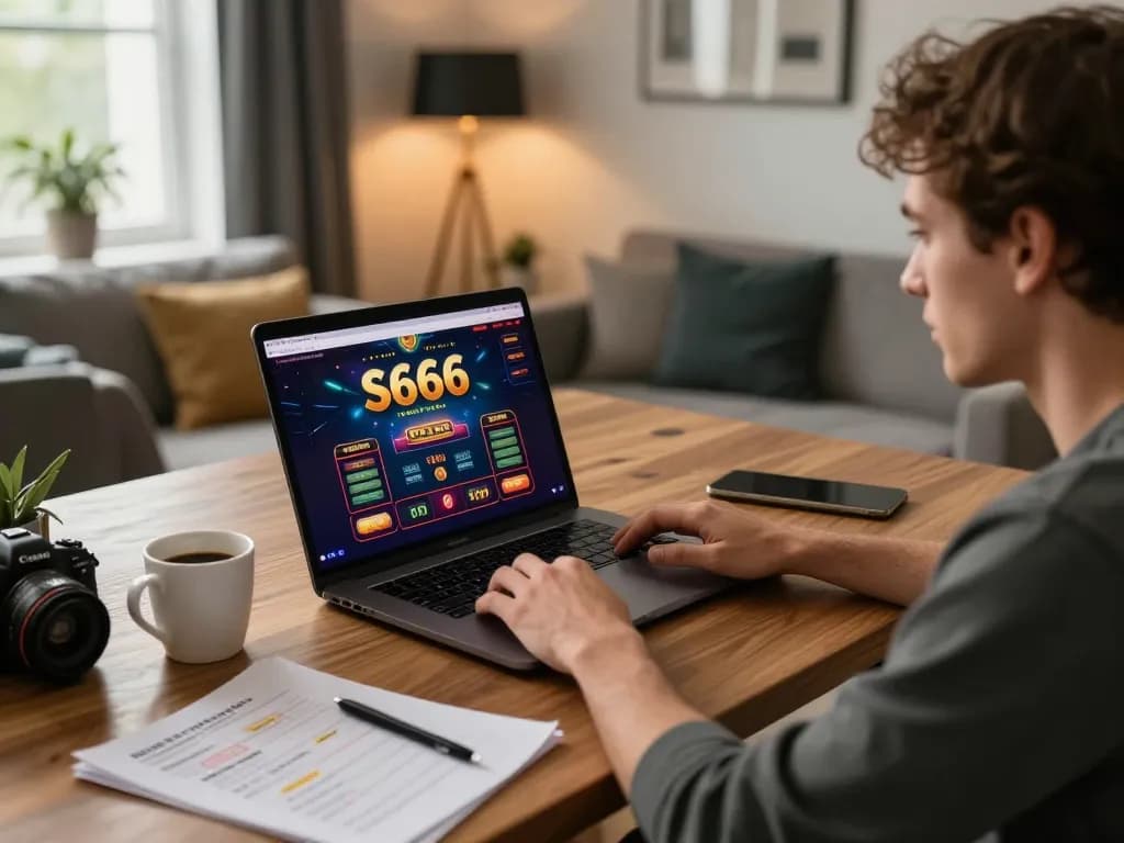 S666 online casino interface displayed on a laptop, enhancing the gaming experience in a modern home setting.