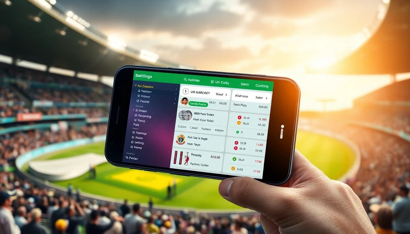 Explore which app is best for IPL betting through an interactive smartphone interface over a lively cricket stadium backdrop.
