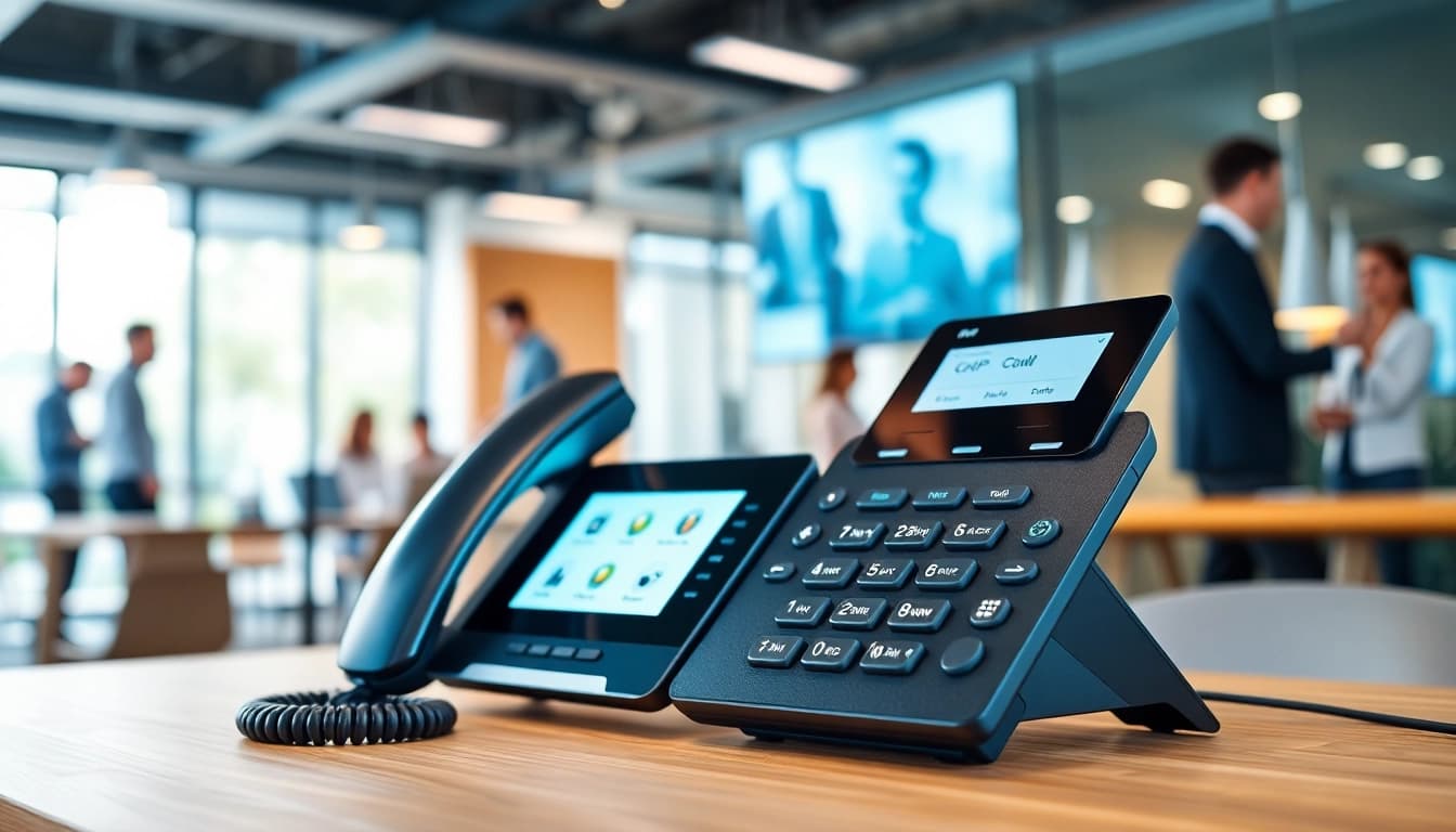 Showcase a cloud based phone system in a contemporary office environment for effective communication.