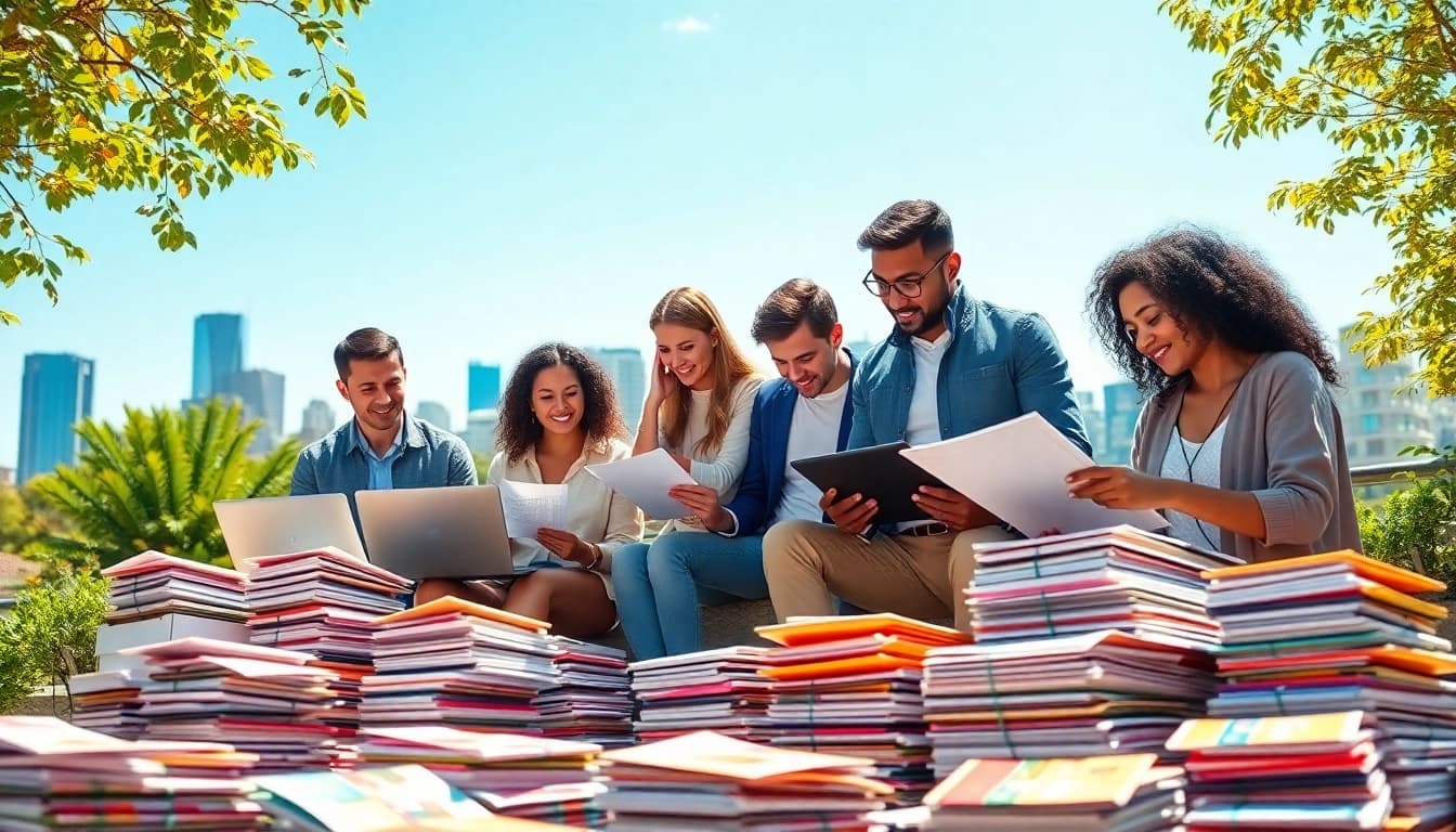 Engaging team of a direct mail company working on a vibrant marketing campaign outdoors.
