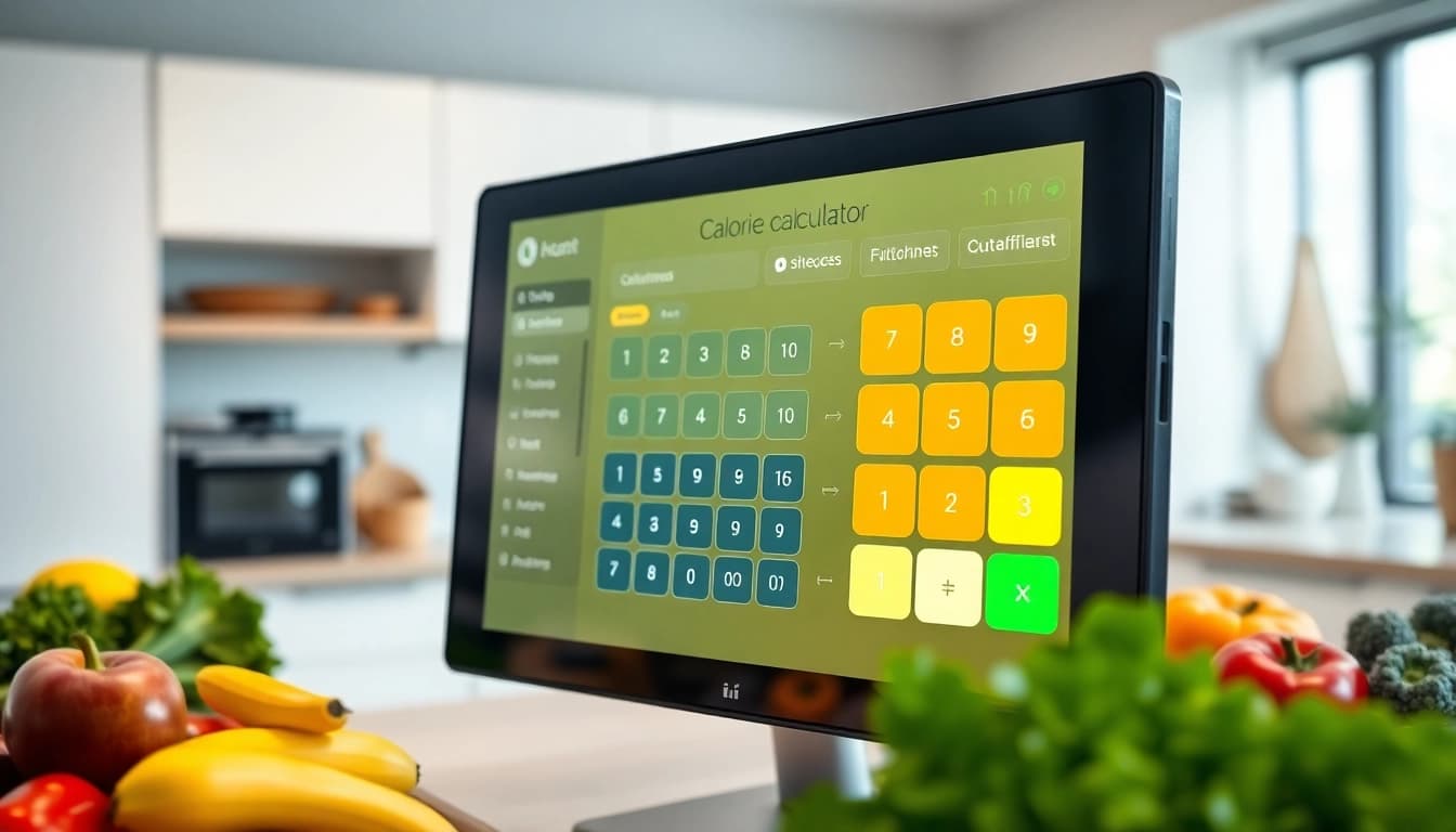 Utilize the calorie calculator to assess daily calorie needs in a vibrant kitchen setting.
