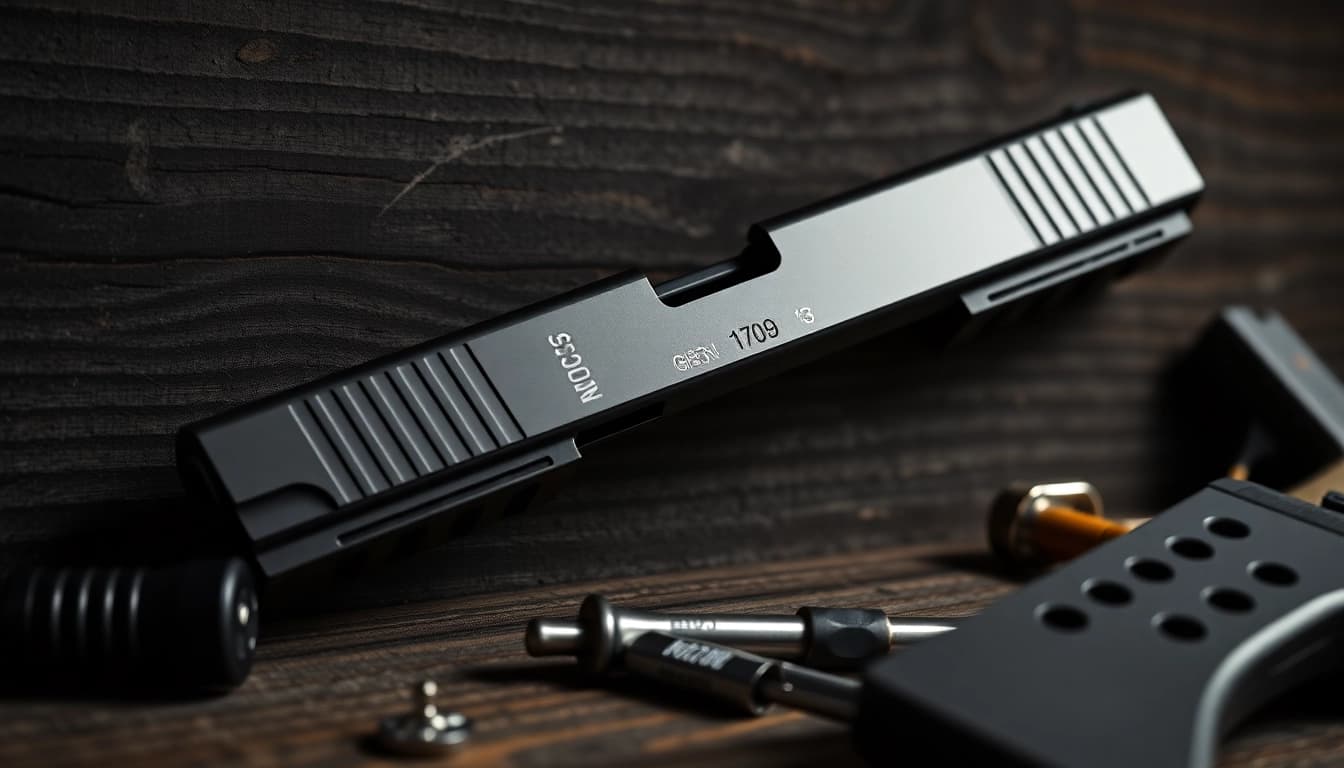 Showcase the Glock 19 Gen 3 OEM Slide with detailed craftsmanship highlighted in a professional setting.