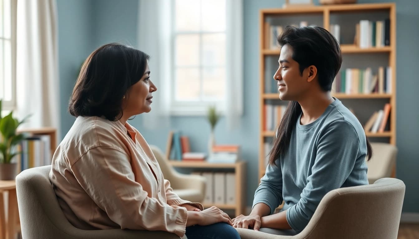 Psychiatric disorders india: A psychiatrist consulting a patient in a serene office environment, fostering understanding.