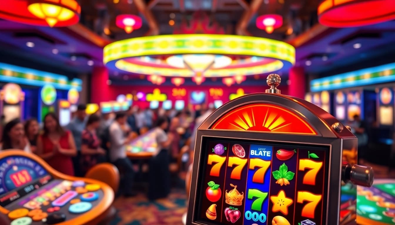 1win slot demo ilə dolu rəngarəng slot maşını nümayiş etdirən kazino görüntüsü.