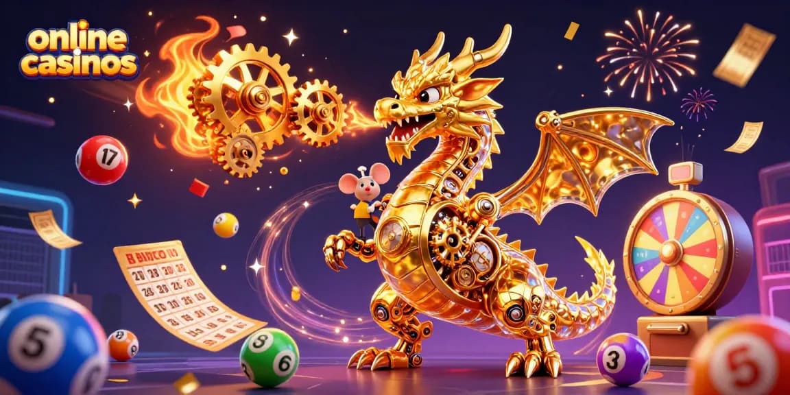 Engage with online casinos through vibrant lottery elements and a dynamic golden dragon scene