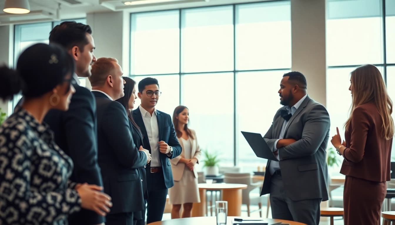Engaging scene of entrepreneurs using Biz Trader to connect and collaborate in a modern setting.